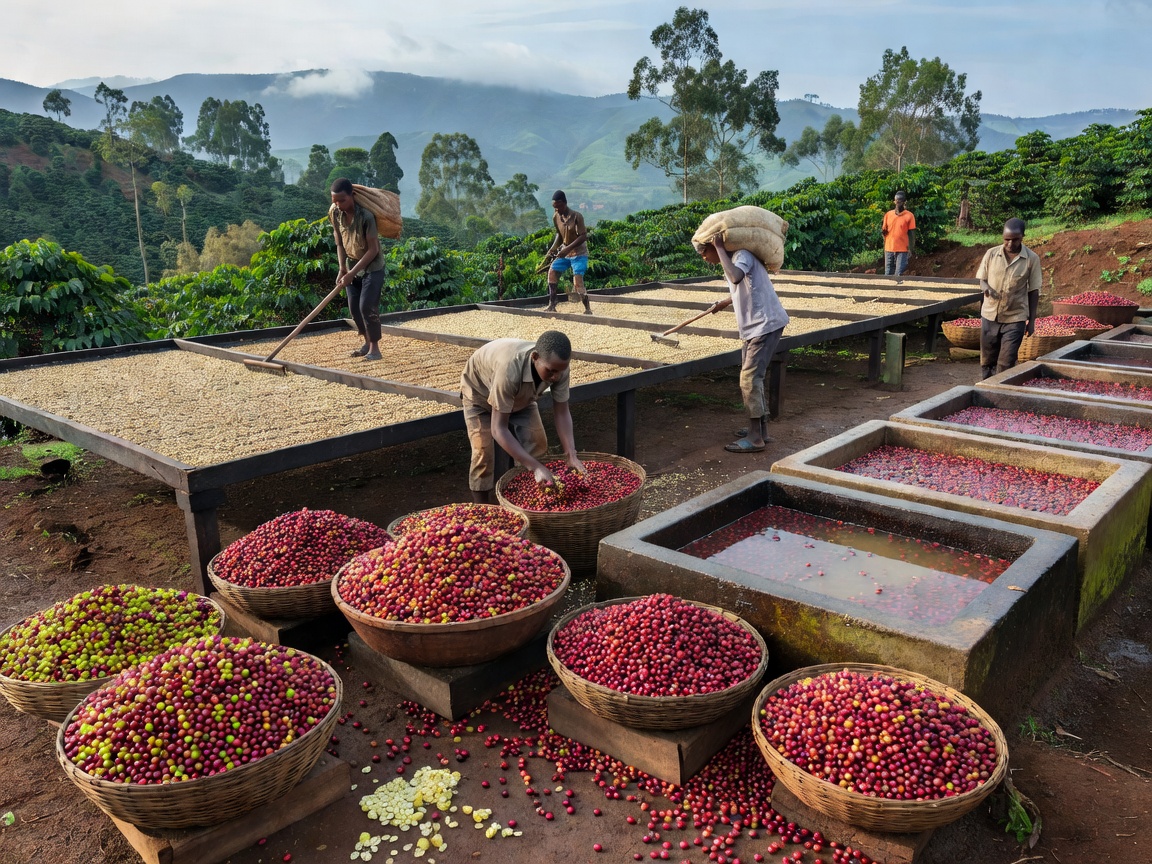 Ethiopian Yirgacheffe Raw Coffee Cherries and Washing Station