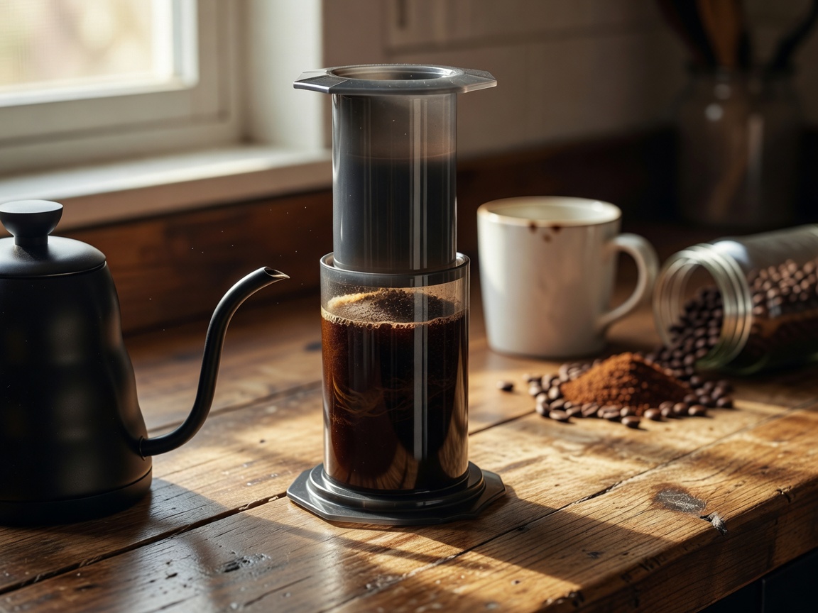 Inverted AeroPress Setup on Kitchen Counter